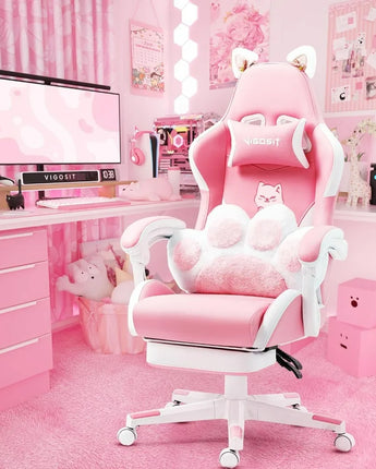 Pink Gaming Chair with Cat Paw Lumbar Cushion and Cat Ears, Ergonomic Computer Chair with Footrest