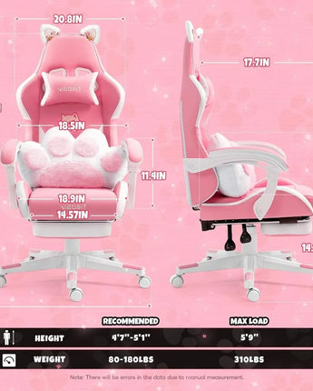 Pink Gaming Chair with Cat Paw Lumbar Cushion and Cat Ears, Ergonomic Computer Chair with Footrest